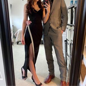 Black formal floor length split thigh sequin dress